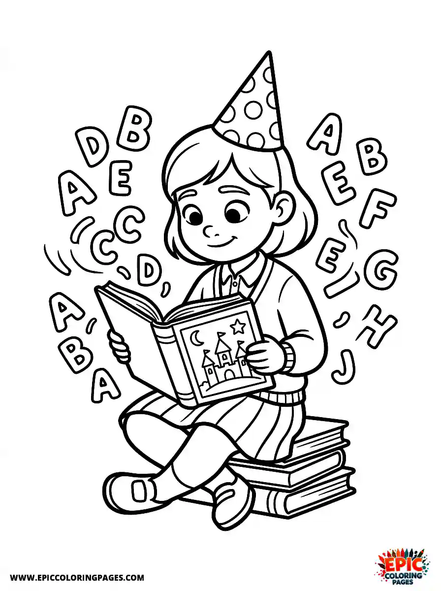 Birthday Girl Birthday girl pixar style girl reading a storybook surrounded by floating letters