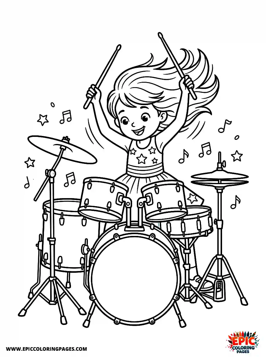 Birthday Girl Birthday girl playing drums sticks raised and hair flying