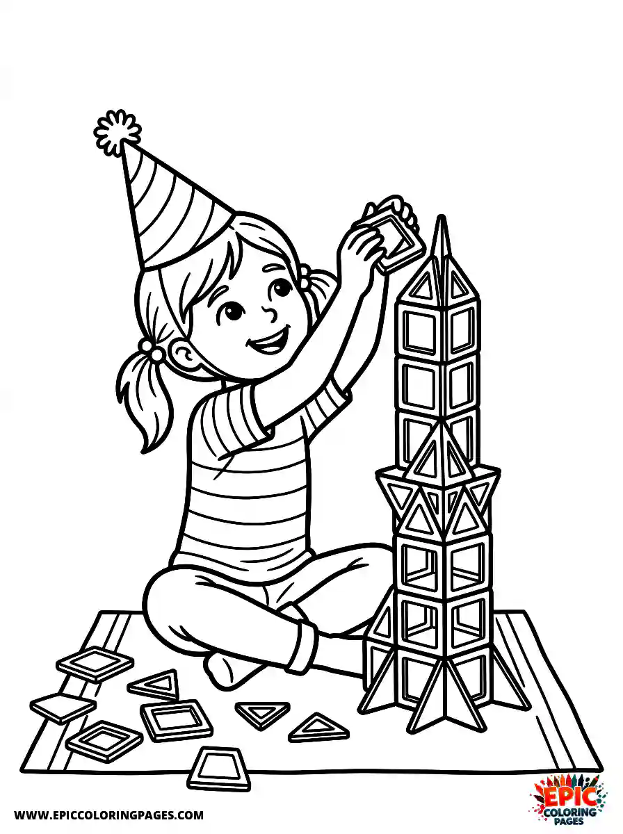 Birthday Girl Birthday girl playing with magnetic tiles building tall tower with focus