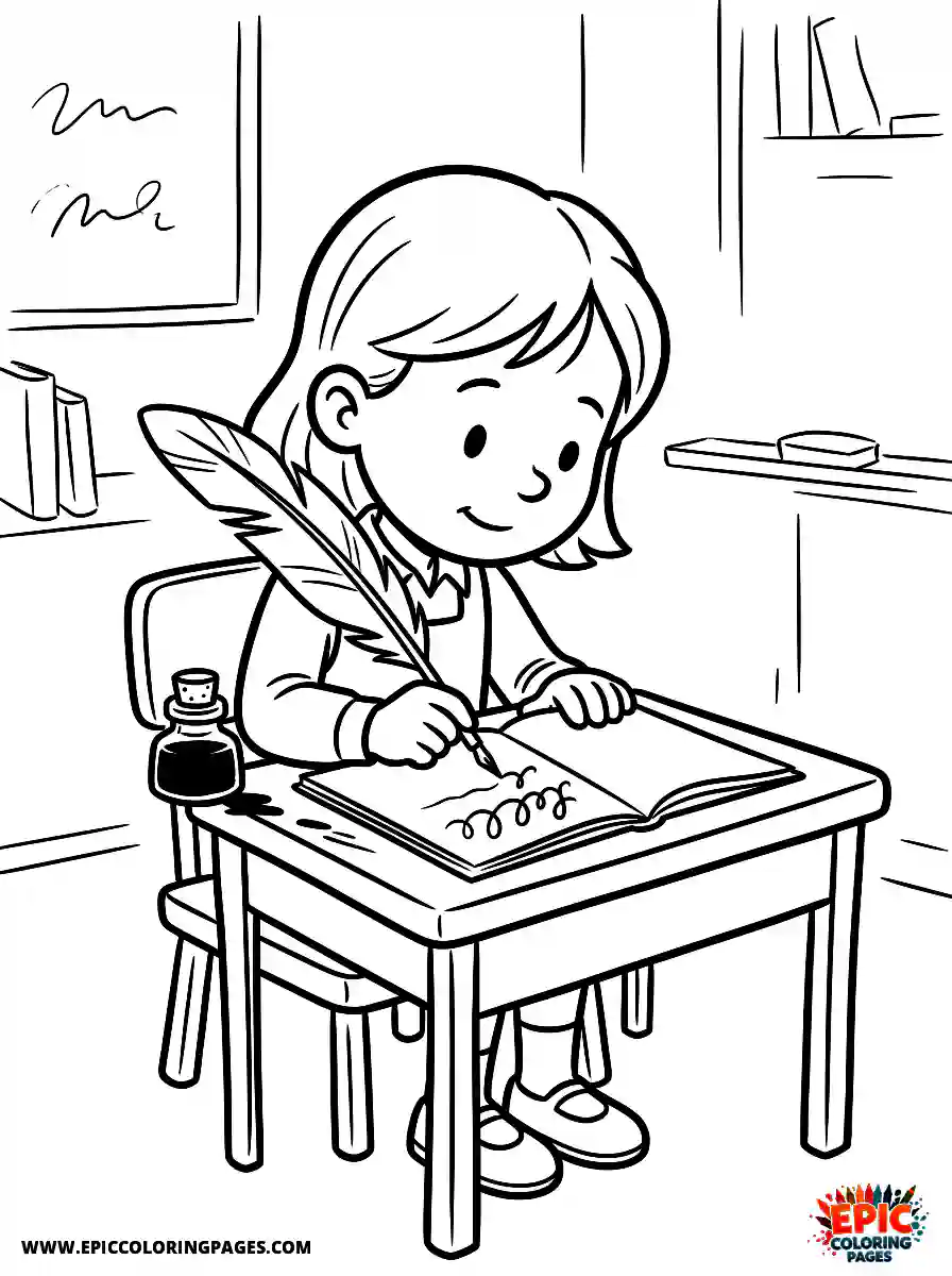 Birthday Girl Birthday girl practicing cursive writing feather quill pen and ink bottle
