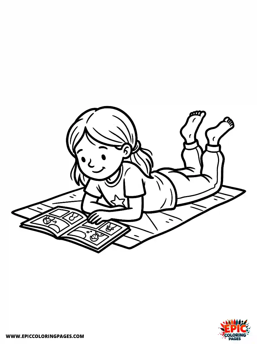 Birthday Girl Birthday girl reading comic book lying on tummy with feet up