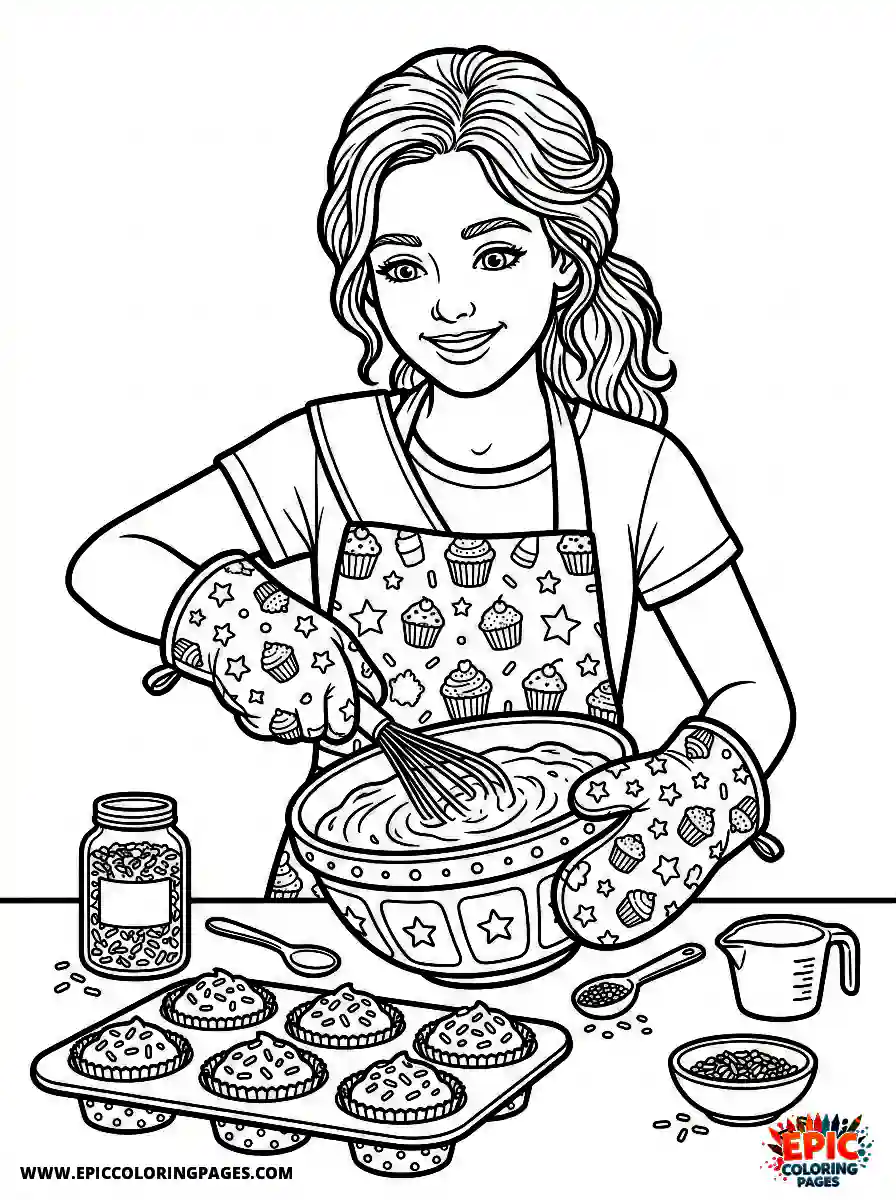 Birthday Girl Birthday girl realistic girl baking cupcakes with sprinkles oven mitts and mixing bowl