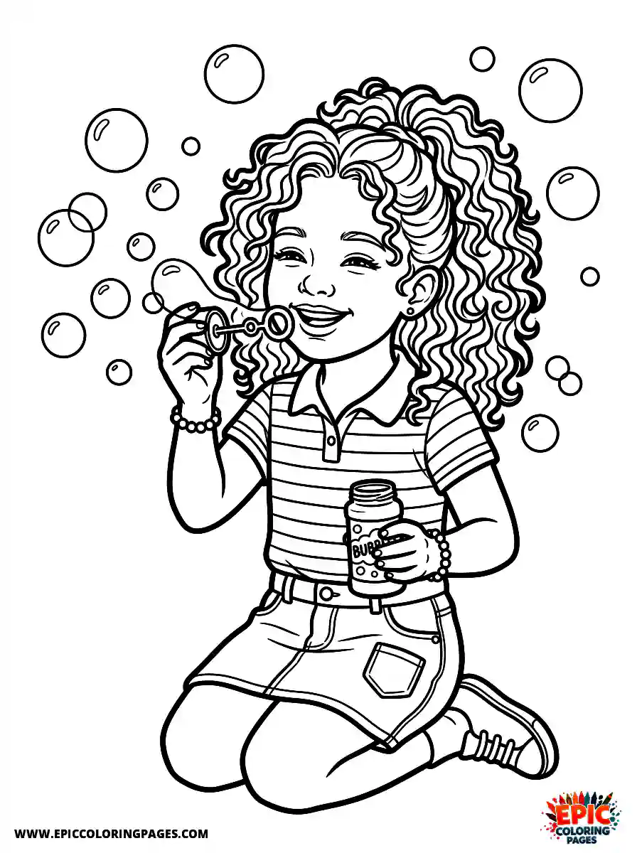 Birthday Girl Birthday girl realistic girl blowing bubbles with wand bubble solution jar and curls