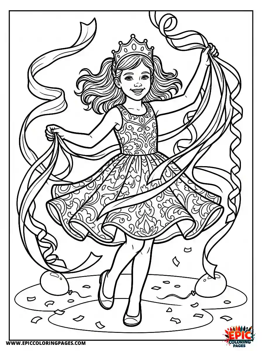 Birthday Girl Birthday girl realistic girl dancing with streamers at birthday party twirling with ribbons around her