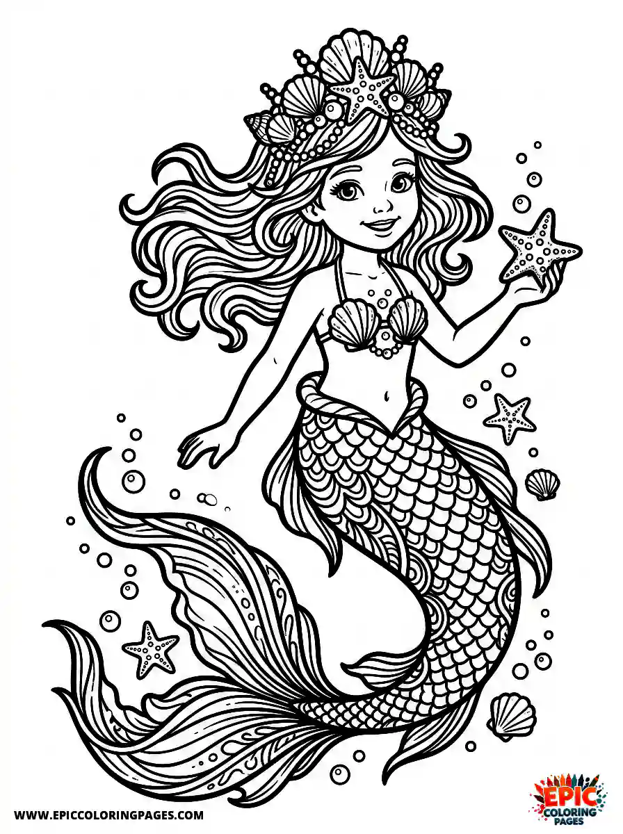 Birthday Girl Birthday girl realistic girl dressed as mermaid with seashell crown flowing tail and starfish