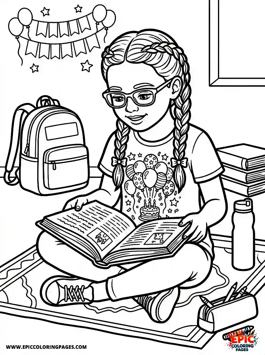 Birthday Girl Birthday girl realistic girl reading chapter book on floor braids and open pages