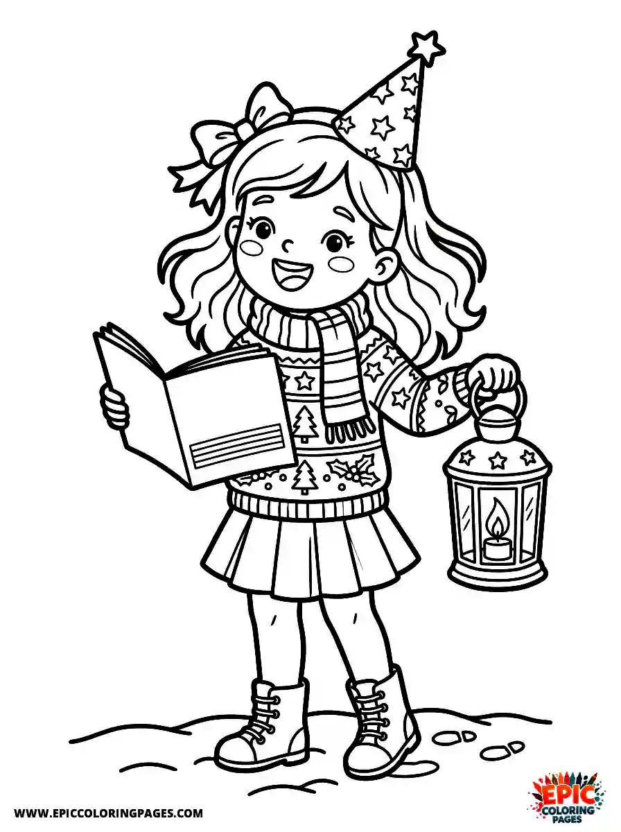Birthday Girl Birthday girl realistic girl singing christmas carols holding songbook and lantern