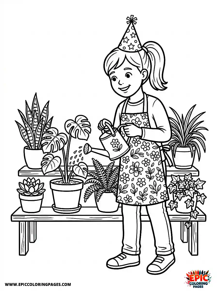 Birthday Girl Birthday girl realistic girl watering house plants watering can and floral apron