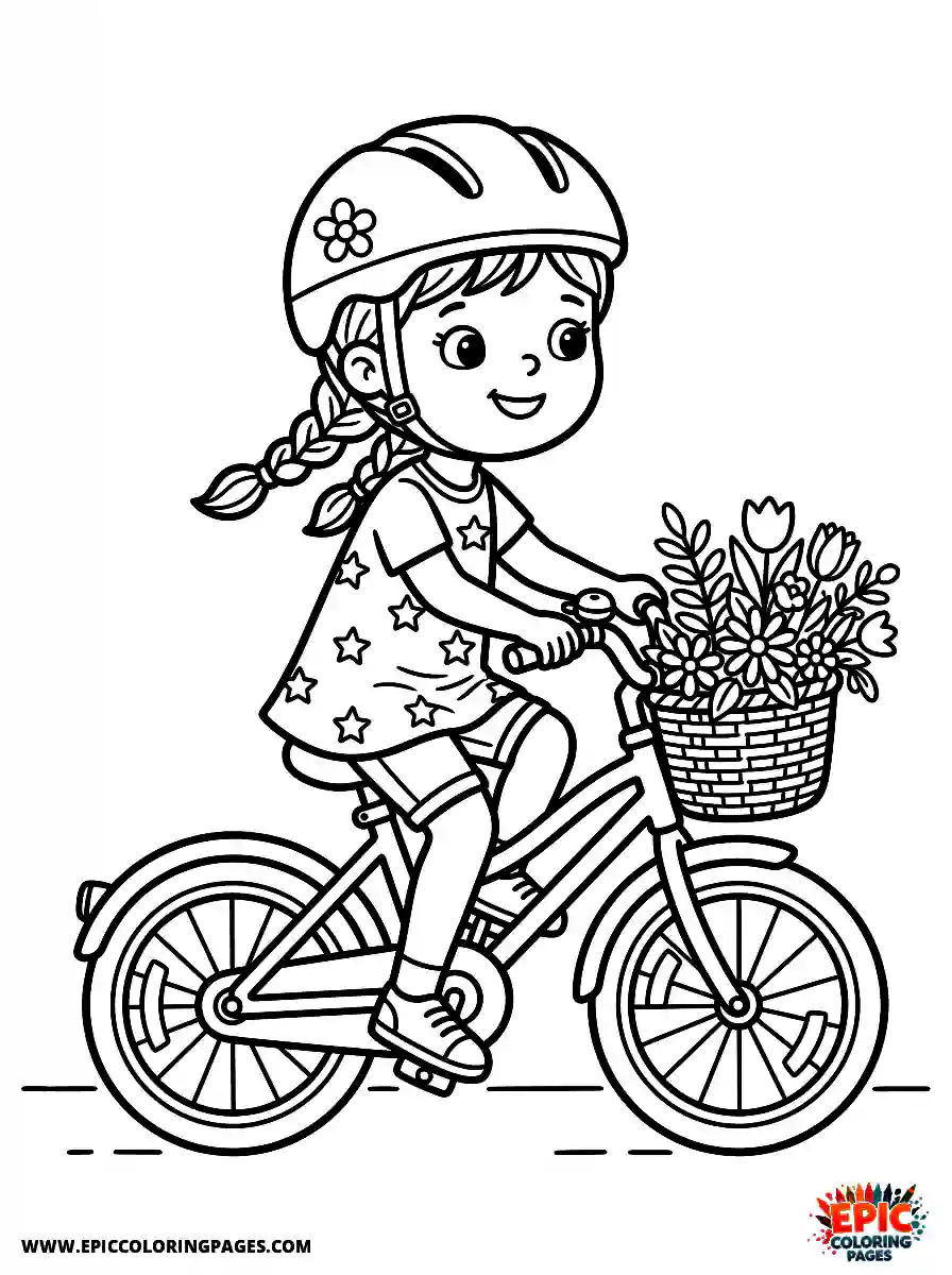 Birthday Girl Birthday girl riding bicycle with helmet flowers in basket on handlebars