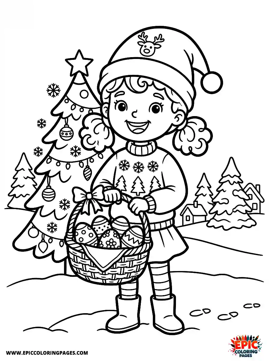 Christmas Girl Cute Christmas girl cartoon style holding an easter basket with eggs