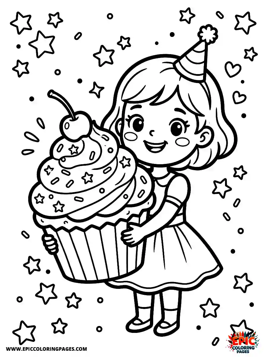 Birthday Girl Cute birthday girl cartoon style girl holding giant cupcake sprinkles and stars around her