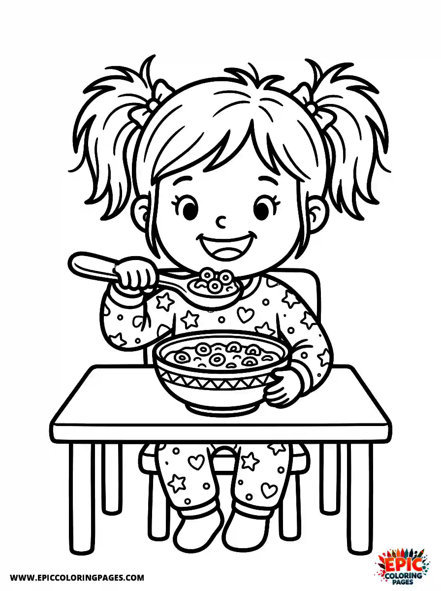 Birthday Girl Cute birthday girl eating breakfast bowl of cereal with big spoon and pajamas