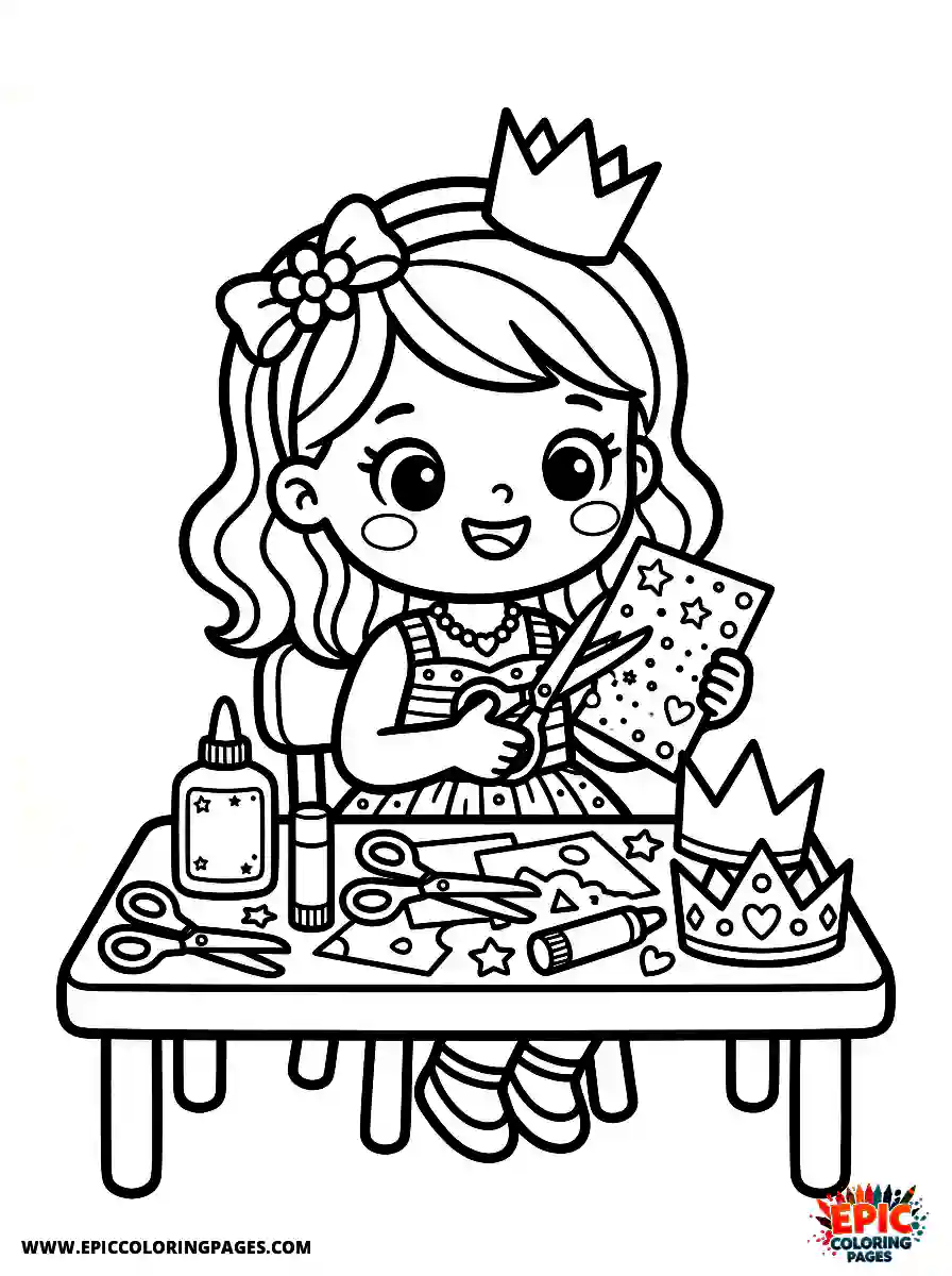 Birthday Girl Cute birthday girl kawaii style girl making paper crowns craft scissors and glitter glue with scissors