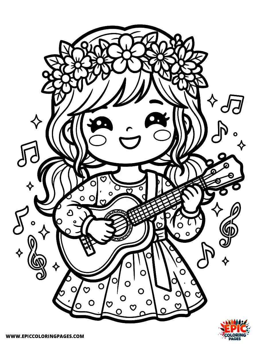 Birthday Girl Cute birthday girl kawaii style girl strumming ukulele flower crown and happy expression