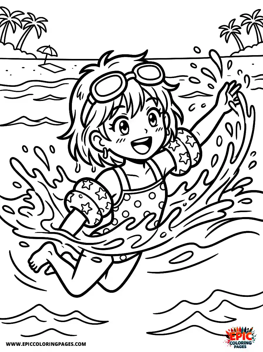 Birthday Girl Cute birthday girl manga style girl swimming with floaties goggles on head and splash around