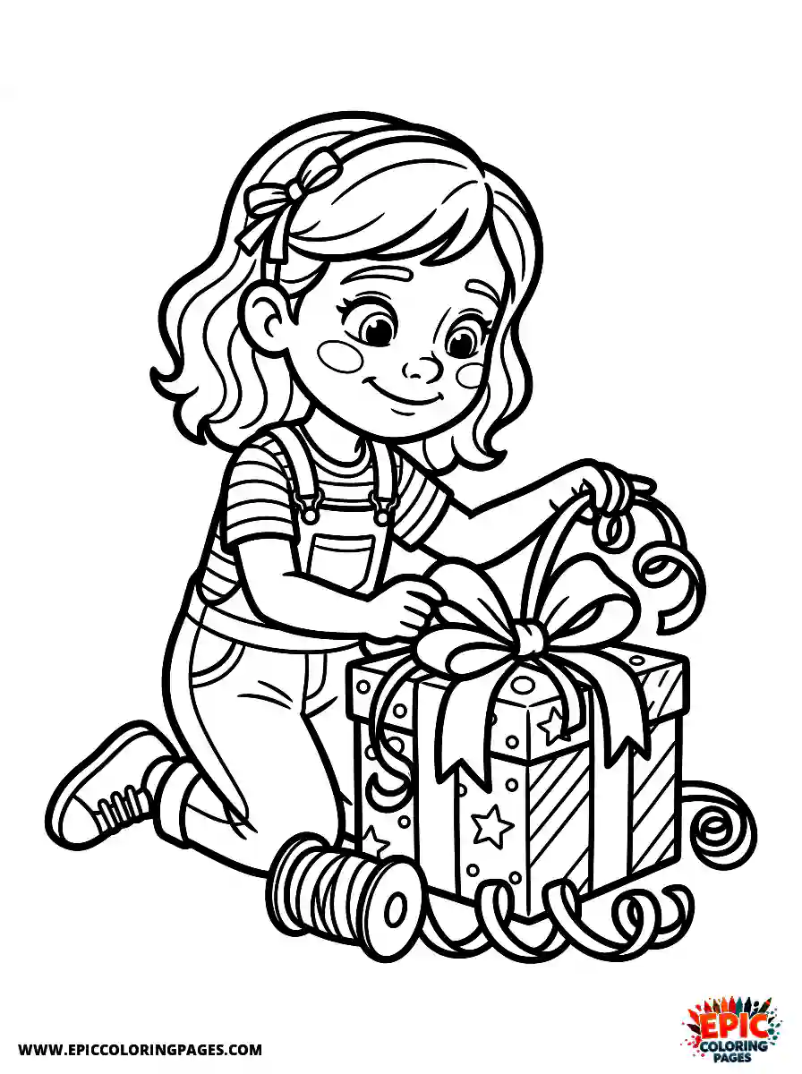 Birthday Girl Cute birthday girl pixar style girl wrapping gift in bow gift box and curling ribbon