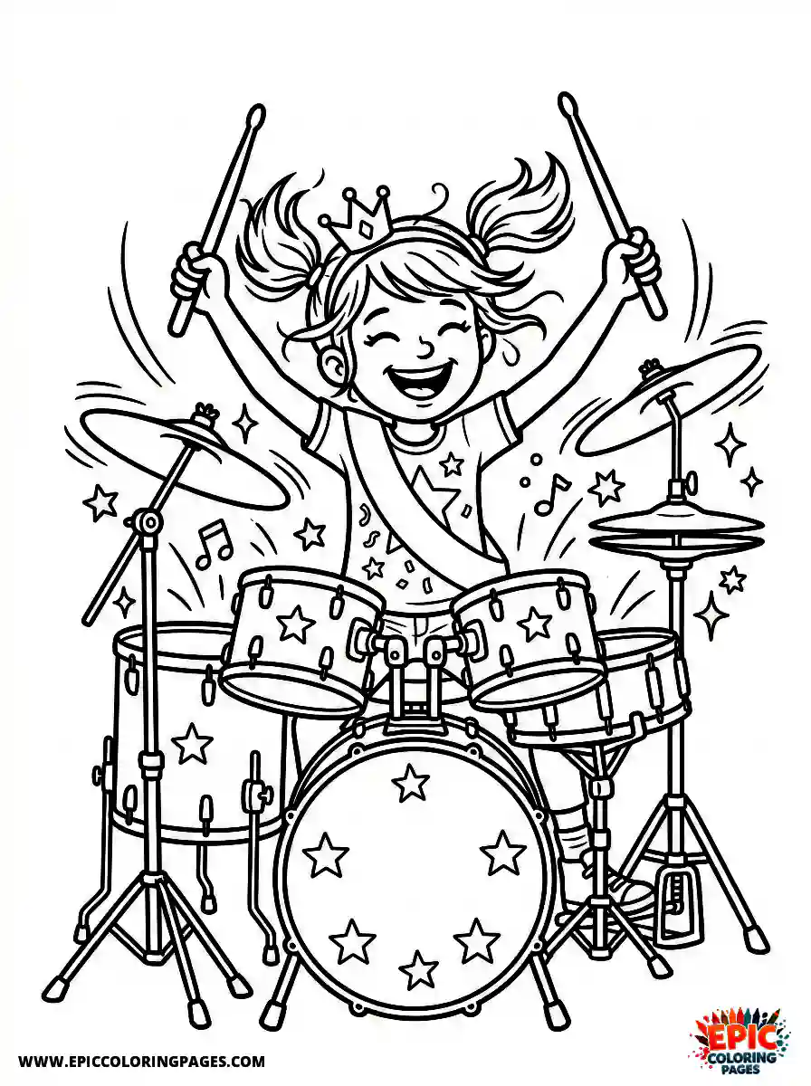 Birthday Girl Cute birthday girl playing drums sticks raised and hair flying