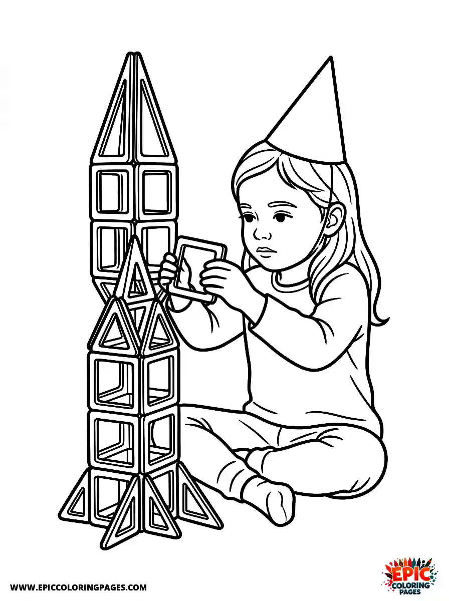 Birthday Girl Cute birthday girl playing with magnetic tiles building tall tower with focus