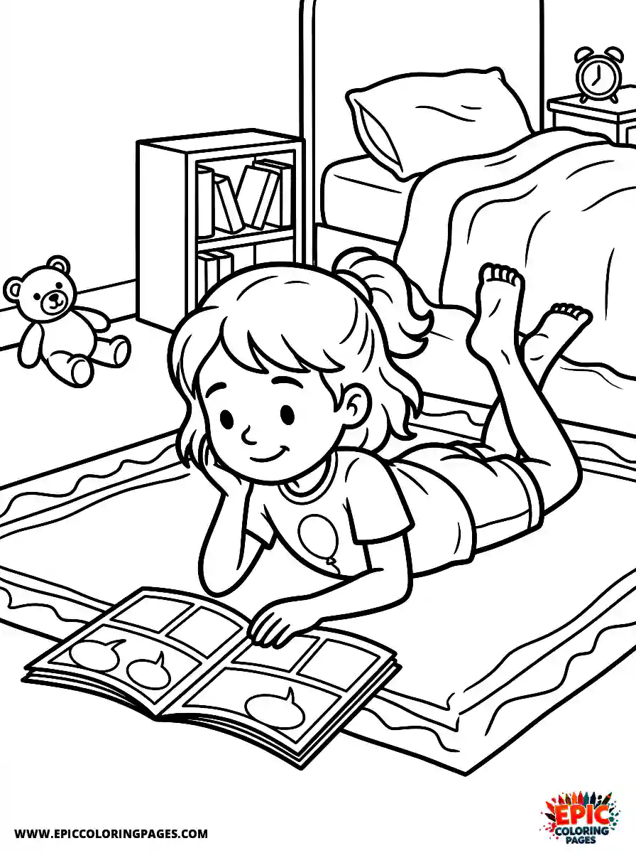 Birthday Girl Cute birthday girl reading comic book lying on tummy with feet up