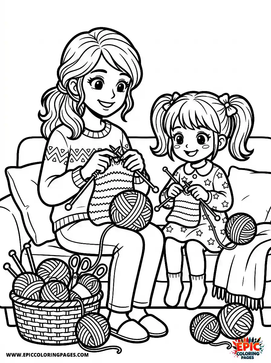 Girl and Mom Cute girl and mom manga style knitting sweaters crafting holding yarn balls