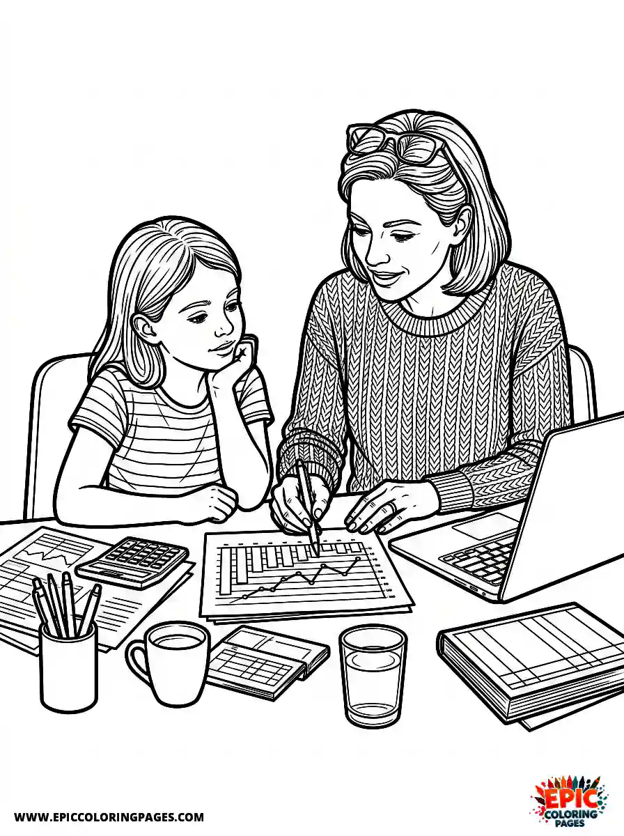 Girl and Mom Cute girl and mom realistic analyzing financial charts work routine pointing at a printed graph
