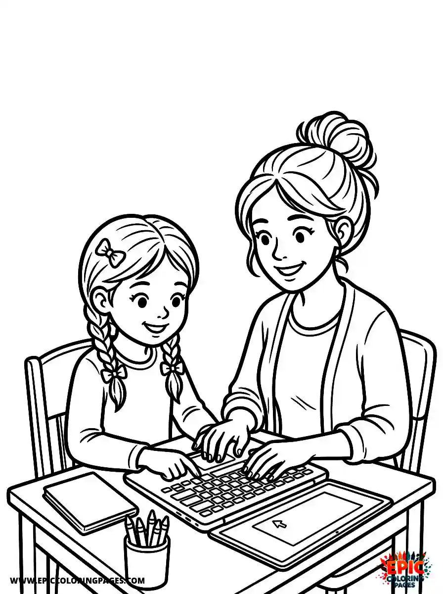 Girl and Mom Cute girl and mom realistic typing on a laptop work routine pressing keyboard keys