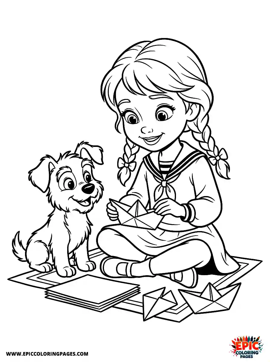 Girl with Dog Cute girl with dog 3d disney style folding an origami paper boat wearing a sailor collar