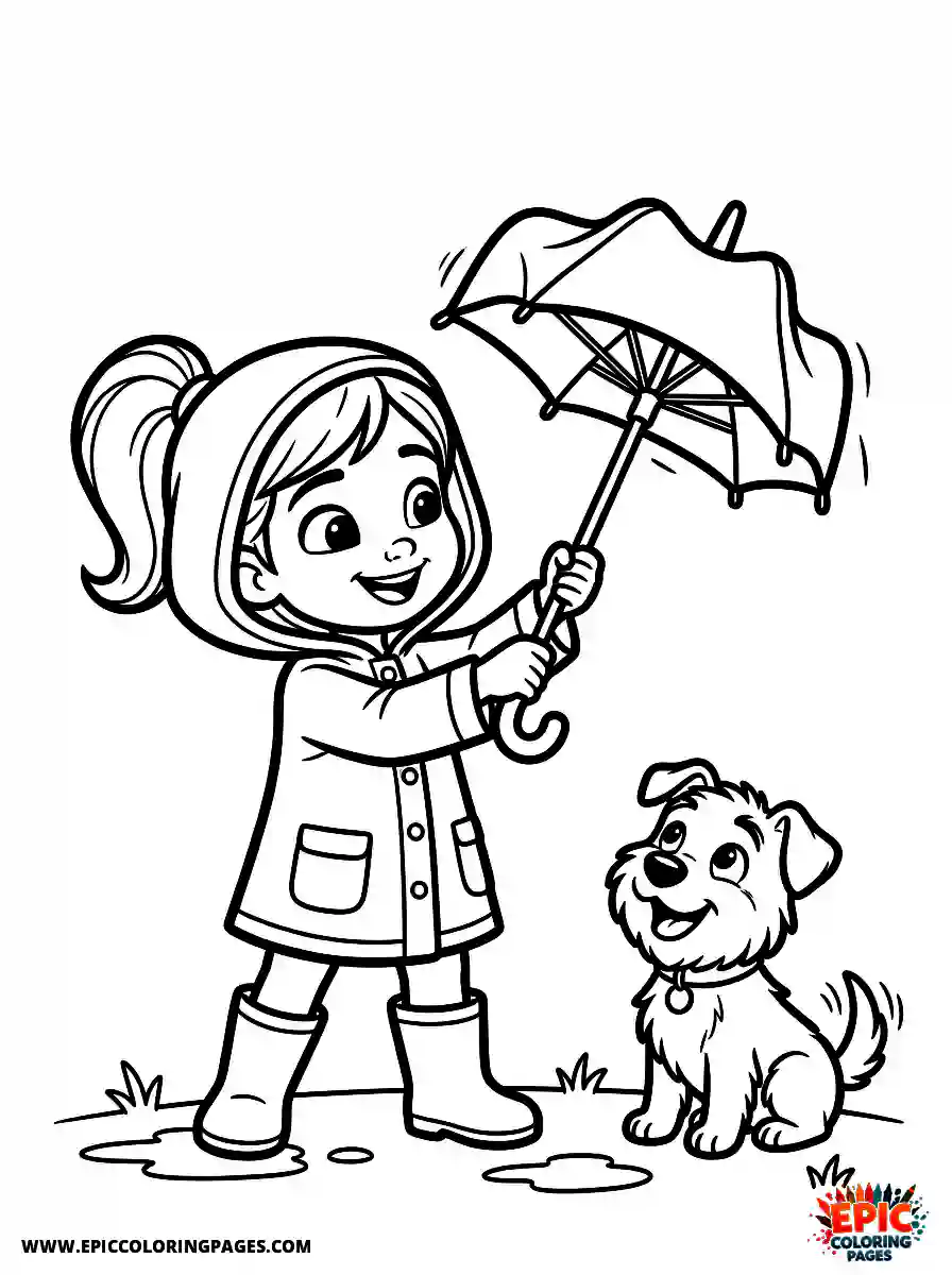 Girl with Dog Cute girl with dog 3d disney style opening a classic pocket umbrella wearing a raincoat