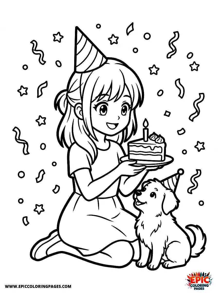 Girl with Dog Cute girl with dog anime style holding a slice of cake surrounded by floating confetti