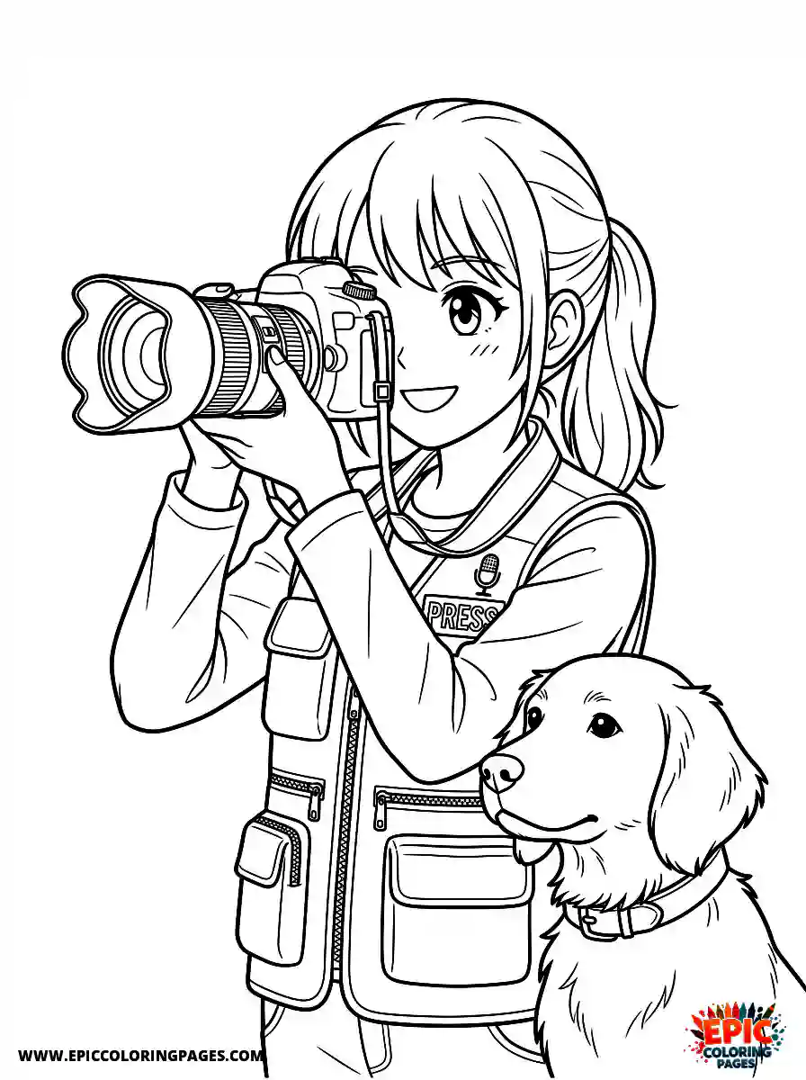 Girl with Dog Cute girl with dog anime style looking through a camera lens wearing a reporter vest