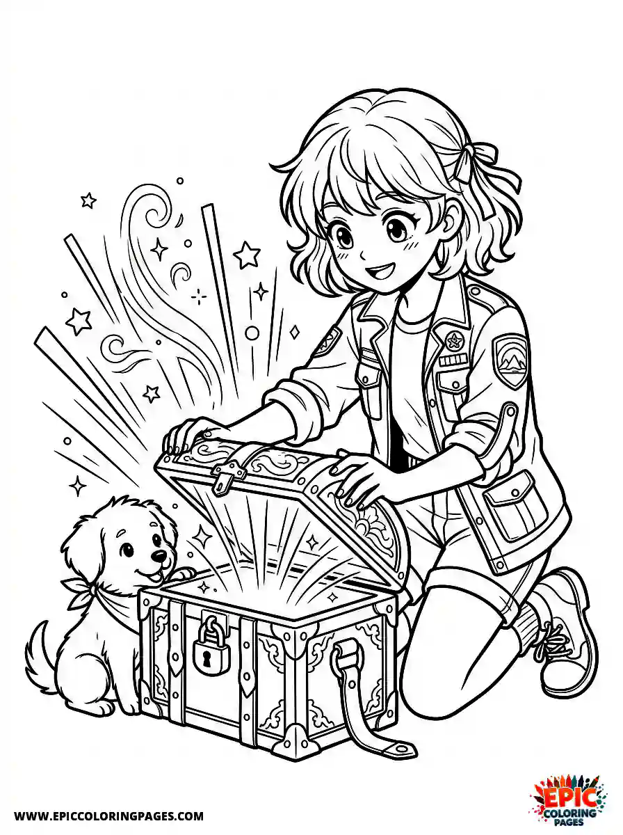 Girl with Dog Cute girl with dog anime style opening a mysterious glowing box wearing an explorer jacket