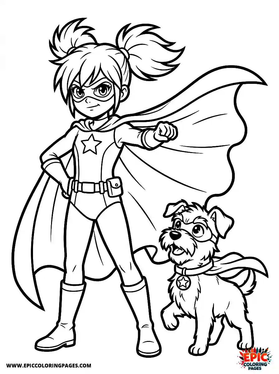 Girl with Dog Cute girl with dog anime style striking a heroic pose superhero wearing a dynamic cape