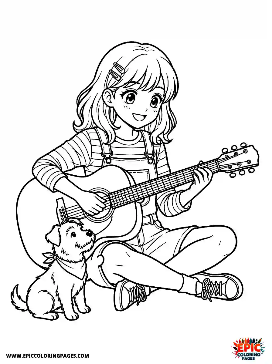 Girl with Dog Cute girl with dog anime style strumming an acoustic guitar wearing casual jeans