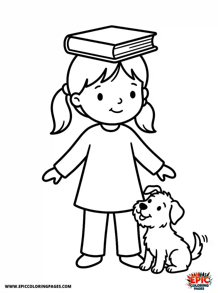Girl with Dog Cute girl with dog balancing a book on her head wearing a tunic