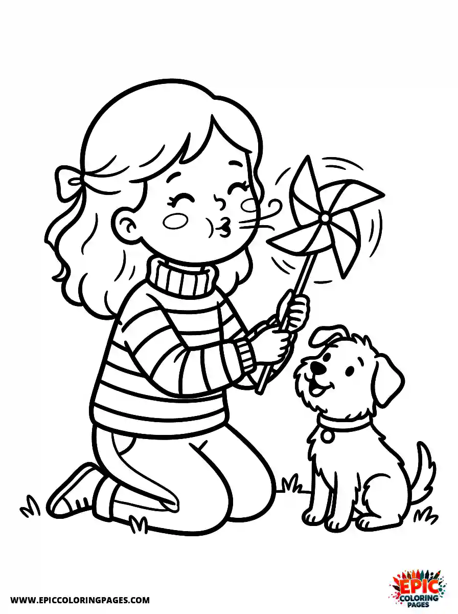 Girl with Dog Cute girl with dog blowing on a paper pinwheel wearing a striped turtleneck