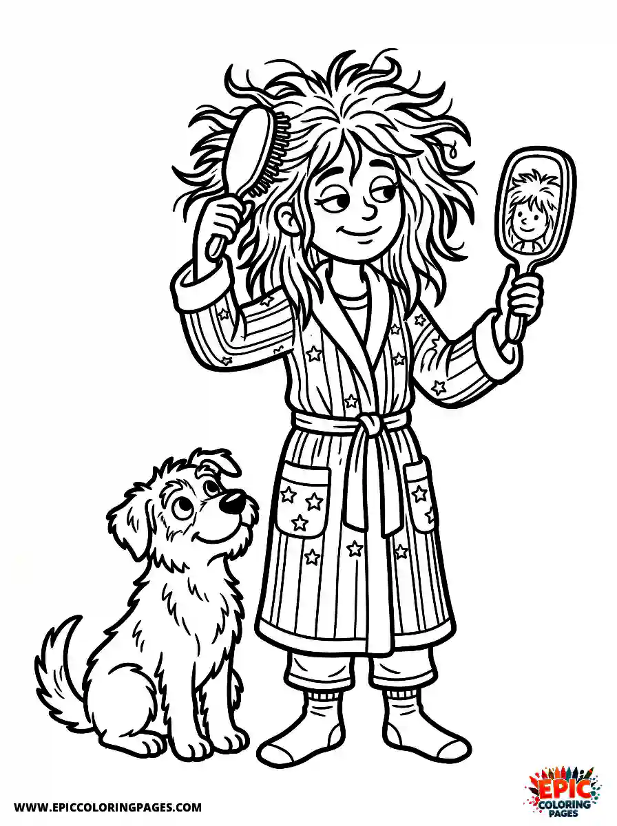 Girl with Dog Cute girl with dog cartoon style combing messy morning hair wearing a bathrobe