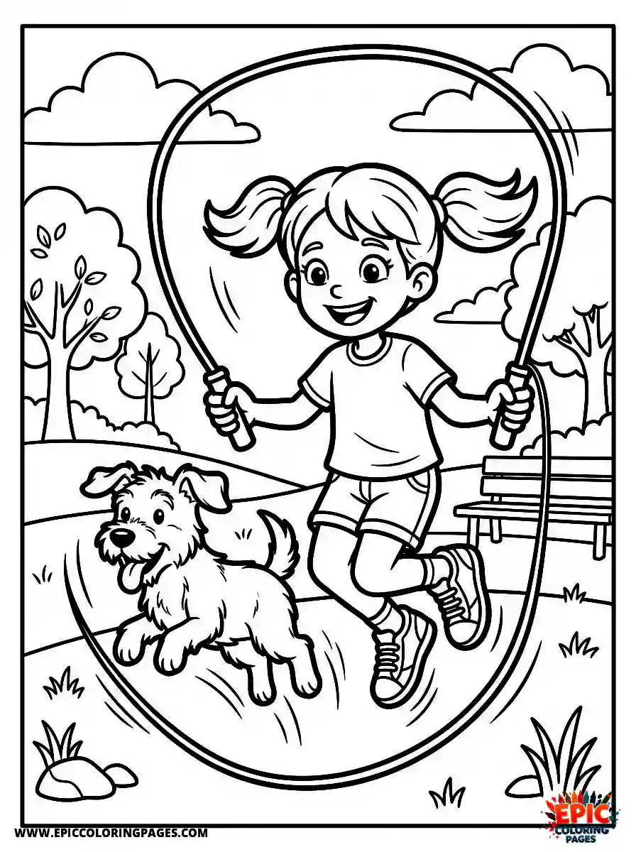 Girl with Dog Cute girl with dog cartoon style jumping a skipping rope wearing running sneakers