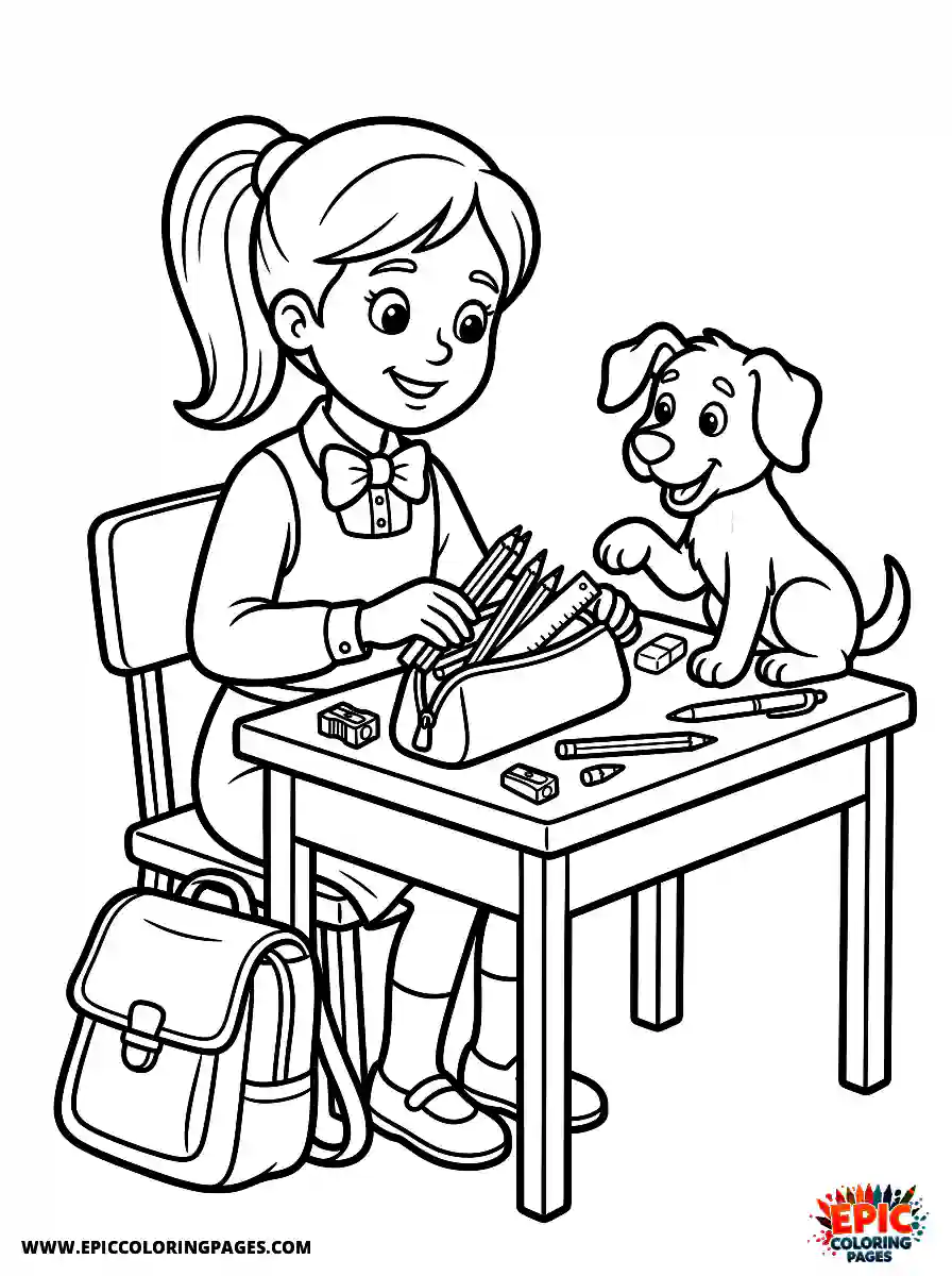 Girl with Dog Cute girl with dog cartoon style packing a pencil case wearing a bow tie