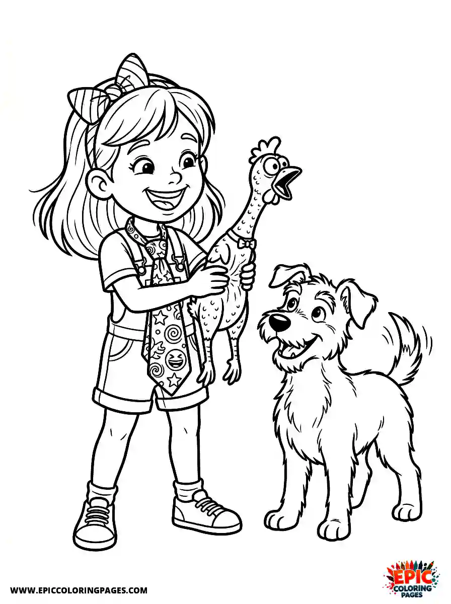 Girl with Dog Cute girl with dog cartoon style squeezing a loud rubber chicken wearing a comedy tie