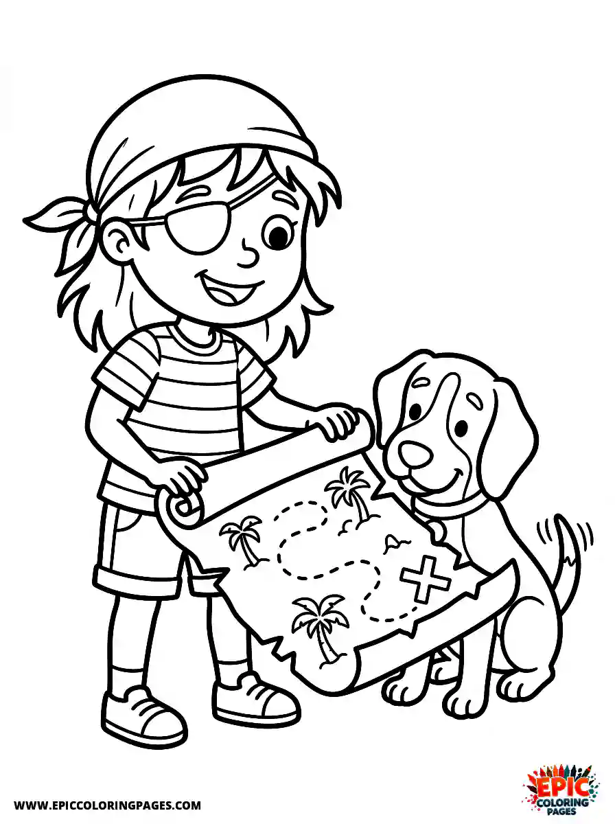 Girl with Dog Cute girl with dog cartoon style unrolling a torn treasure map pirate wearing an eye patch