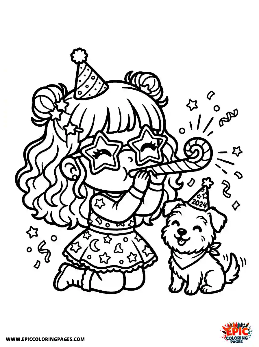 Girl with Dog Cute girl with dog chibi style blowing a party horn wearing star shaped glasses