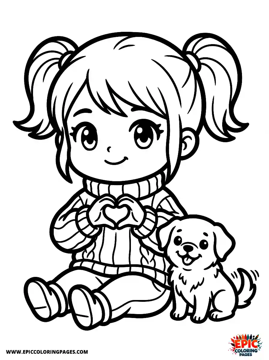 Girl with Dog Cute girl with dog chibi style making a heart shape with her hands wearing a cozy sweater