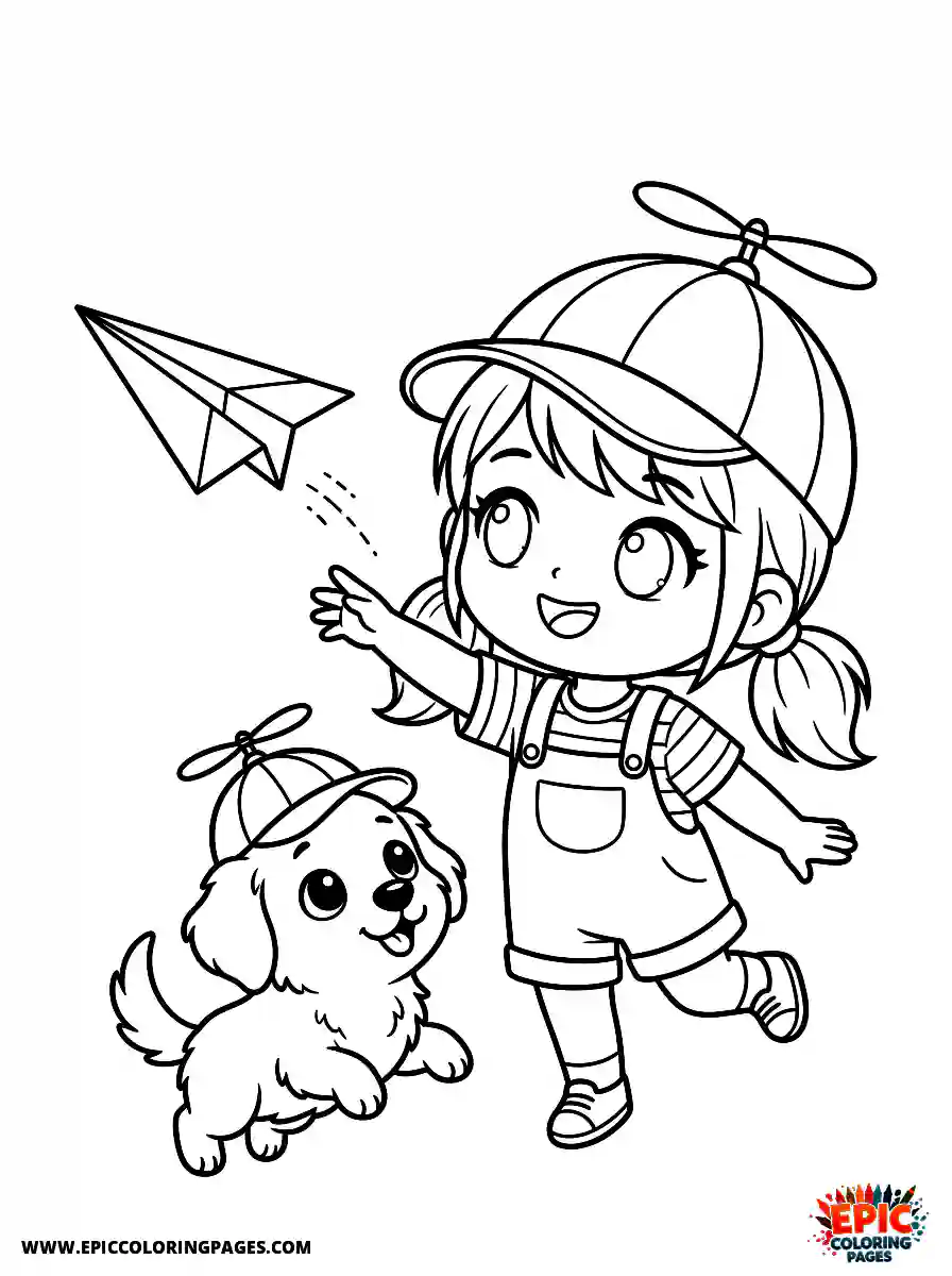 Girl with Dog Cute girl with dog chibi style tossing a folded paper airplane wearing a propeller beanie