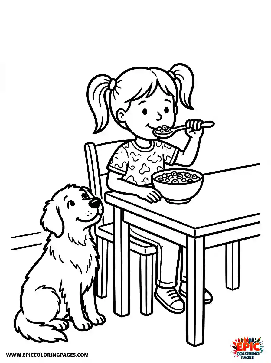 Girl with Dog Cute girl with dog eating a bowl of cereal holding a metal spoon