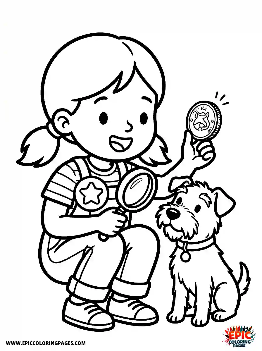 Girl with Dog Cute girl with dog examining a shiny coin wearing a collector badge