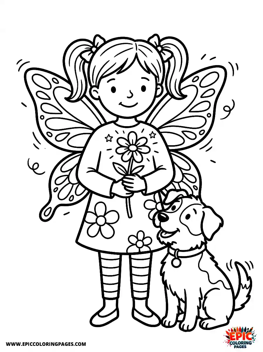 Girl with Dog Cute girl with dog fluttering delicate fairy wings holding a glowing flower
