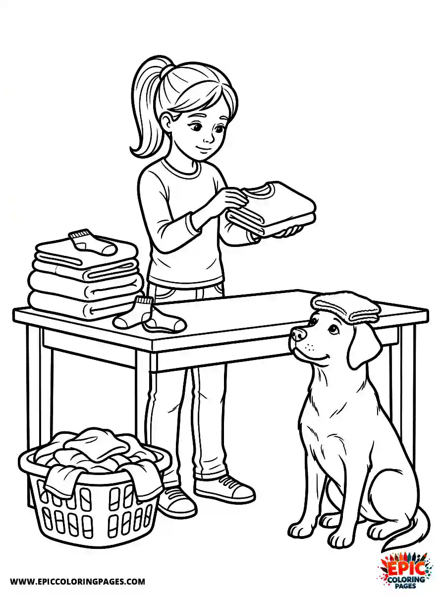 Girl with Dog Cute girl with dog folding laundry holding a folded shirt
