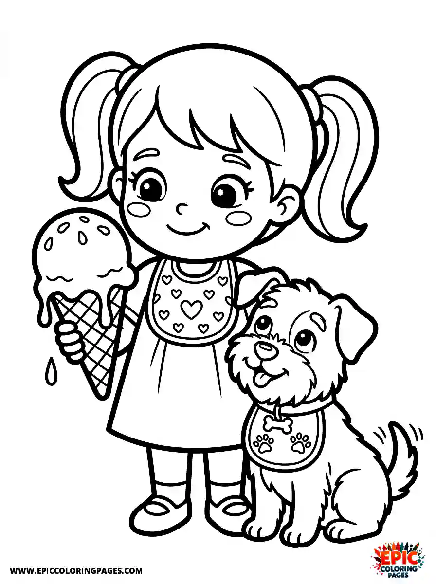 Girl with Dog Cute girl with dog holding a dripping ice cream cone wearing a bib