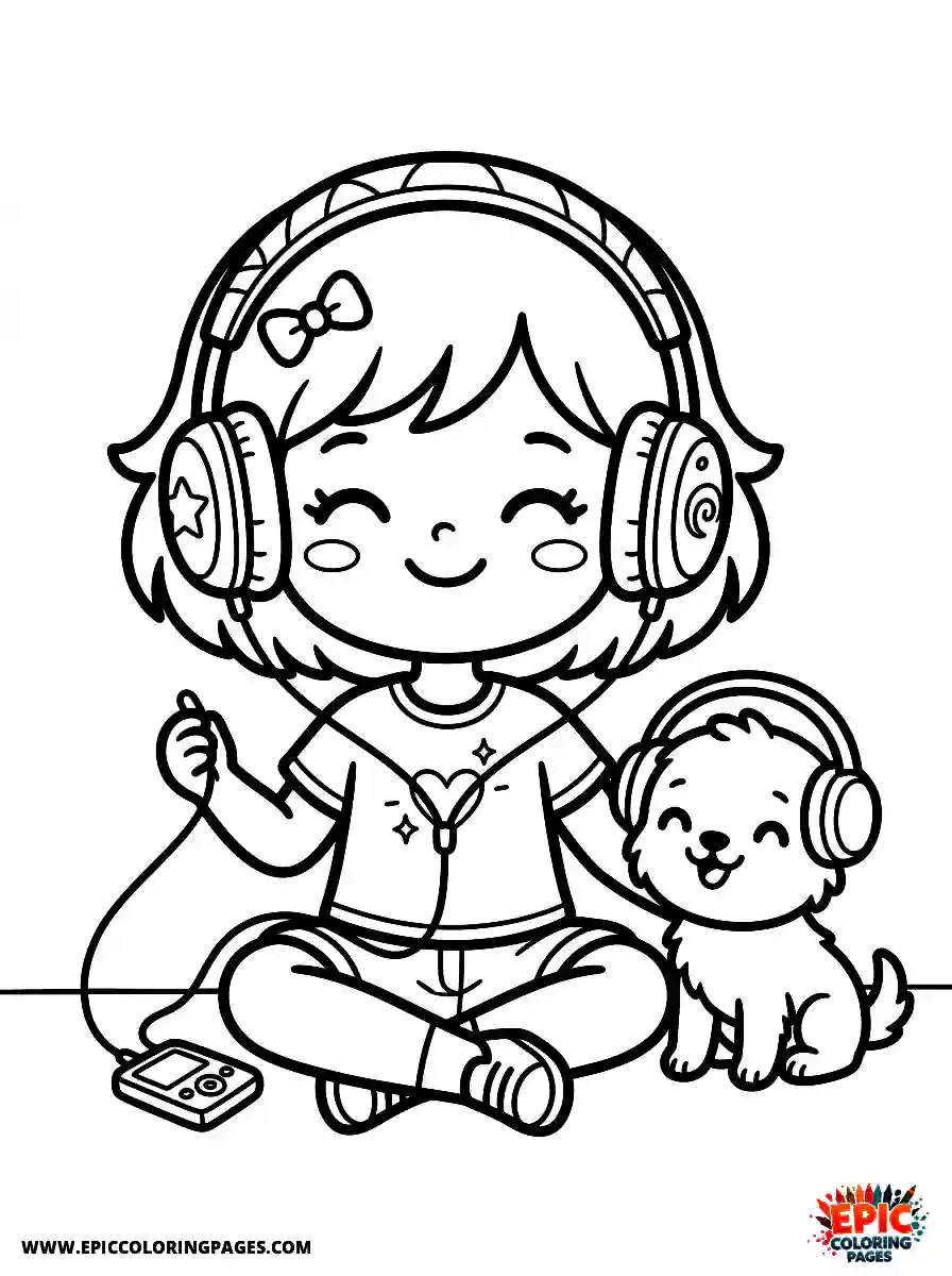 Girl with Dog Cute girl with dog kawaii style listening to music on large headphones wearing a graphic tee