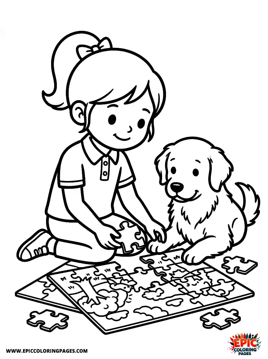 Girl with Dog Cute girl with dog kawaii style putting together puzzle pieces wearing a smart polo shirt